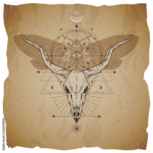 Vector illustration with hand drawn antelope skull, dead head moth and Sacred geometric symbol on vintage paper background with torn edges.