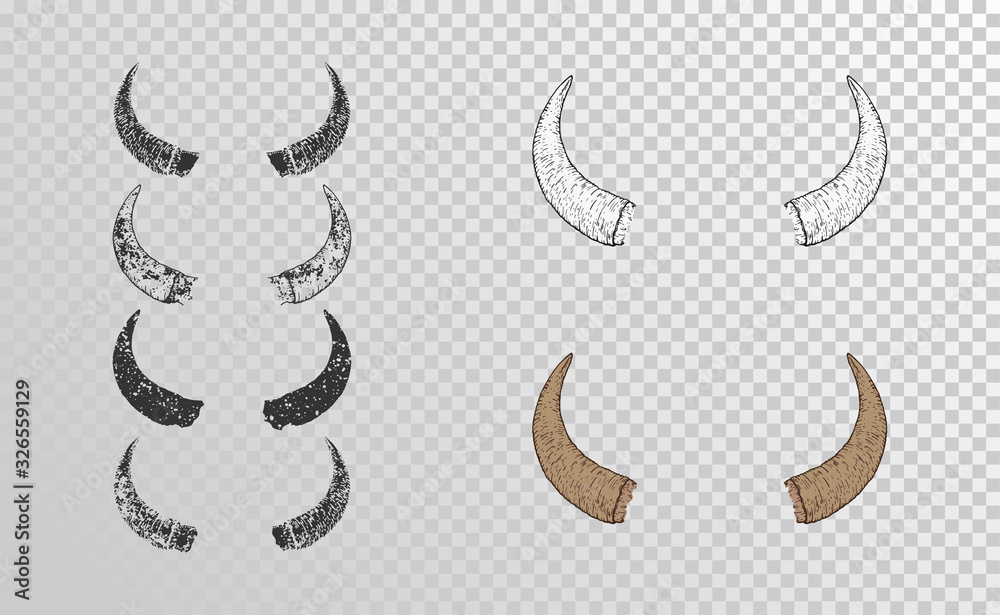 Obraz premium Vector set of hand drawn horns bull with grunge elements in different versions on a transparent background.