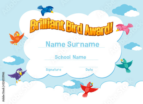 Certificate template for brillant bird award with birds flying in the sky