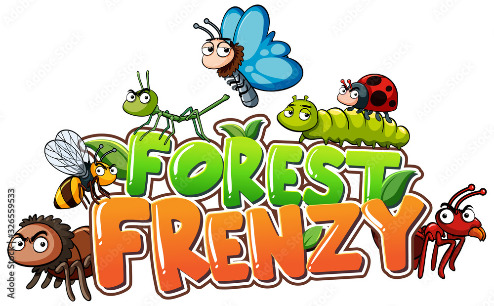 Font design for word forest frenzy with insects in background