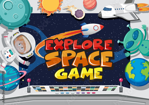 Game title template design with explore space game