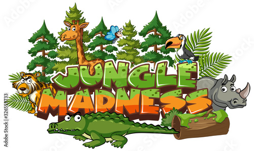 Font design for word jungle madness with many wild animals