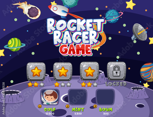 Computer game template with astronaut and many planets in space