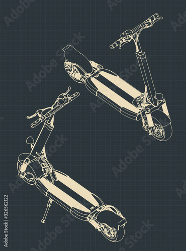 Electric scooter isometric illustrations drawings