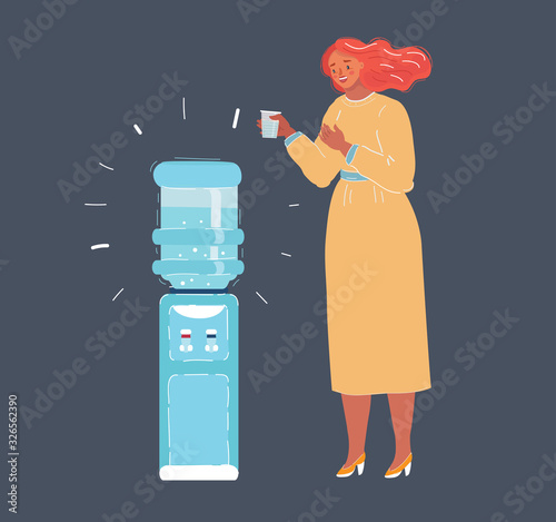 A man and woman standing and talking around a water cooler.