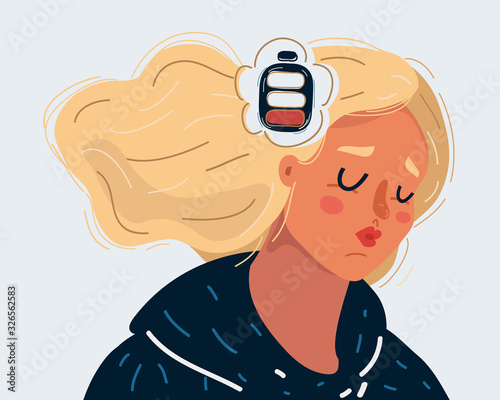 Woman who tired on white background. Battery