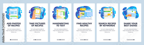 Healthy food recipes online. Upload food photo and share on social media. Cookbook and meal recipe on a phone. Mobile app screens. Menu vector for website development. Web site design illustration