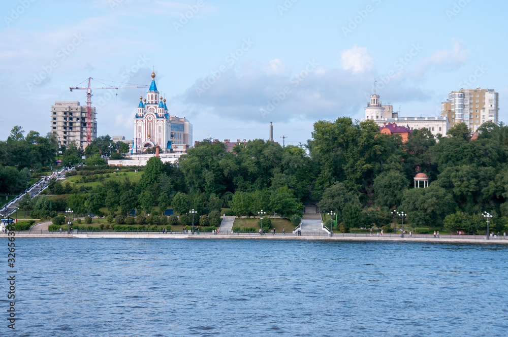 Russia, Khabarovsk, August 2019: Grado-Khabarovsk Cathedral of the assumption Of the mother of God on the Bank of the Amur river in Khabarovsk