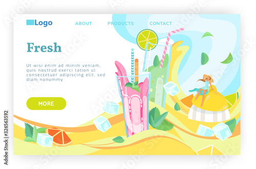 Fresh juice drink. Smoothie, glass of lemonade, soda, fruit juice. Vector web site design template. Landing page website concept illustration