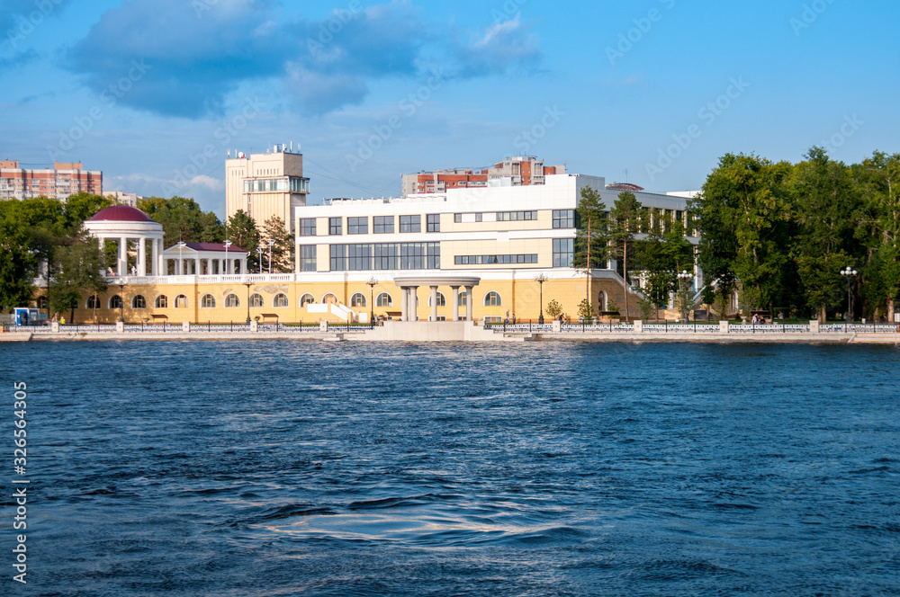 Russia, Khabarovsk, August 2019: Outdoor swimming pool on the Bank of the Amur river in Khabarovsk in summer