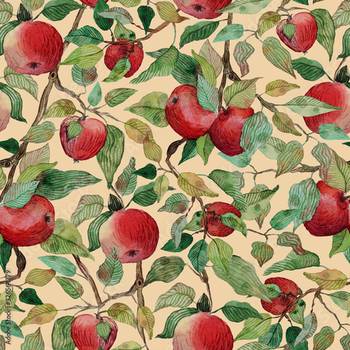 Seamless pattern apple tree branch with red apples watercolor stylized illustration