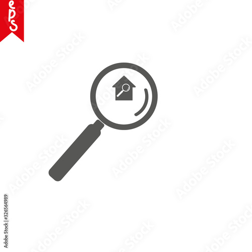 House and magnifying glass icon thin line for web and mobile, modern minimalistic flat design. Vector dark grey icon on white background.