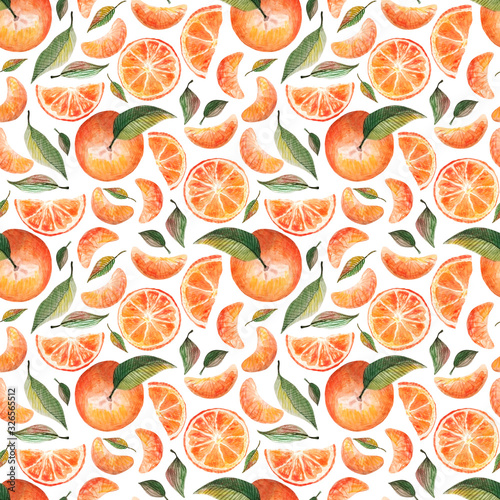 Watercolor seamless pattern with oranges tangerines citrus fruits green leaves isolated on white background. Fruit repeated background. Botanical illustration for fabric textile