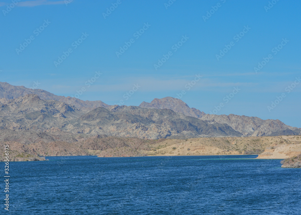 Beautiful view of Lake Mohave on the Arizona Nevada border, in the Lake Mead National Recreation Area. Mohave County, Arizona USA