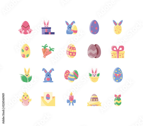 cute bunnies and happy easter concept of icons set  flat style and colorful design