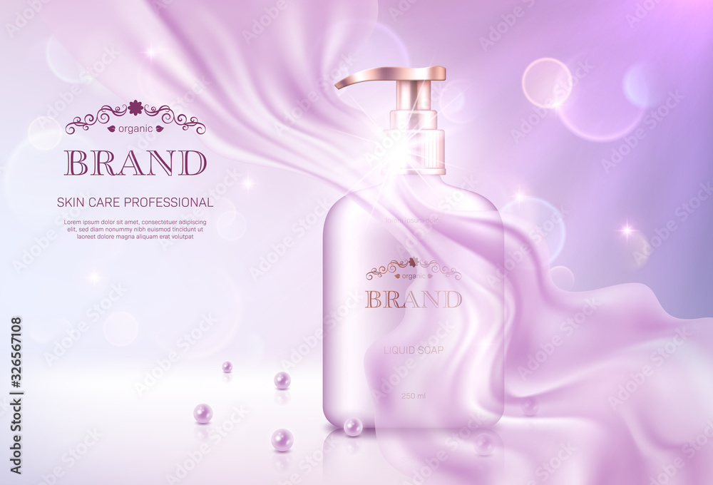 Realistic liquid soap dispenser with golden lid on pink bokeh background with smooth transparent chiffon fabric. Advertising poster for the promotion of cosmetic skin care premium product