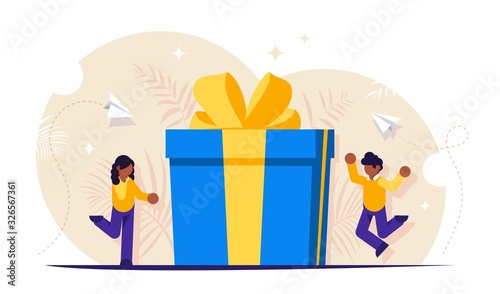 Loyalty program is a concept. Man and a woman receive a gift for using the services. Gift box with a bow. Vector isolated illustration.