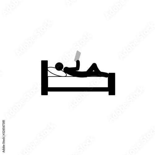 stick man resting on bed with phone in hand isolated on white background