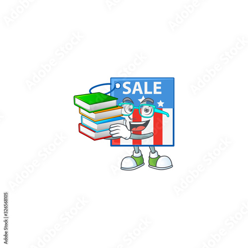 A brainy clever cartoon character of USA price tag studying with some books