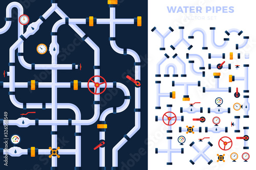Pattern and Vector set details ware pipes system flat style. Collection of water tube, plastic pipeline, filtres, gas valve, fittings, plumbing, faucet, sewage. Construction and industrial technology
