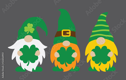 Vector illustration of Spring St Patrick’s Day Irish gnomes holding shamrocks or clovers.