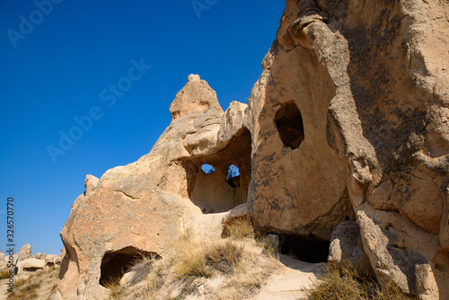 Cave houses carved in stone at Göreme, Cappadocia, Turkey