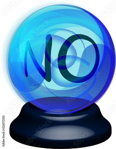 Magic blue crystal ball of glass on a stand with the answer NO inside. Vector shining plasma ball on transparent background, object for design