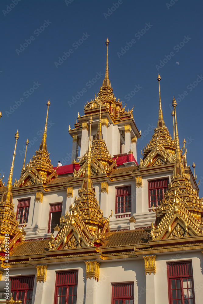 Fototapeta premium The place named Loha Prasat in Wat Ratchanatdaram in Bangkok Thailand which means iron castle or monastery that the center tower contained large black iron spires.