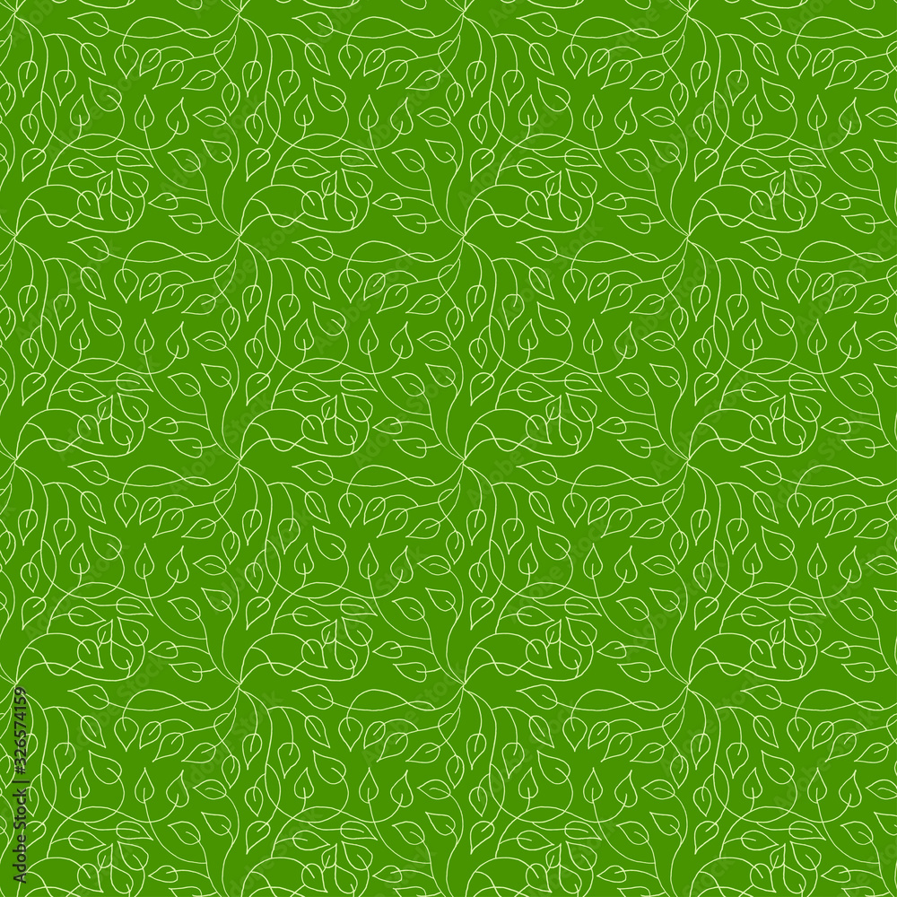 Vector seamless leaves on green background. Hand drawn pen pattern.