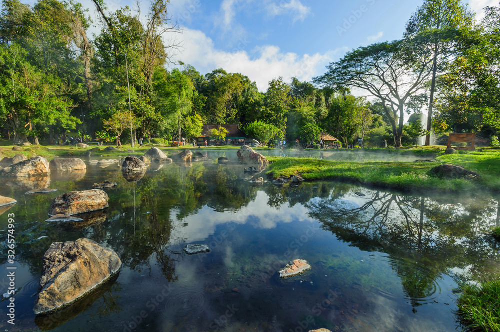 Fototapeta premium Sky tree environment hot spring at Jaeson National Park in Lampang, Thailand