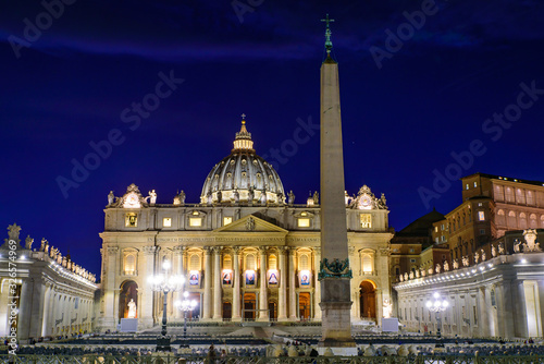Night view of St. Peter's Basilica in Vatican City, the largest church in the world