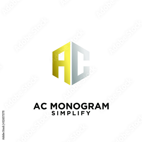 luxury ac, ca, a c initial monogram hexagon letter gold silver logo design with white background