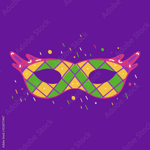 Flat illustration of a masquerade mask with doodle decorations on violet background. Mardi Gras celebration. Fat Tuesday. Decoration for carnival. Vector image for your creativity. © veleri_kz