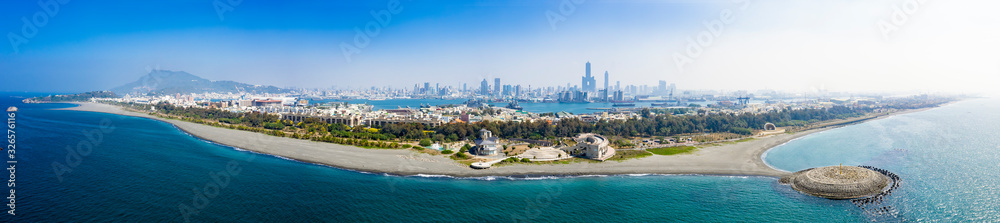 Aerial view of kaohsiung city harbor and cijin beach . Taiwan.