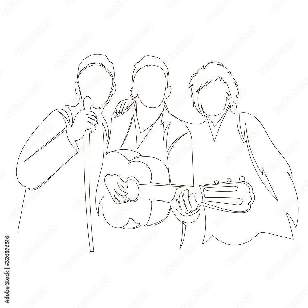 people sing. karaoke. vector outline image of a group of people with a guitar. one continuous line
