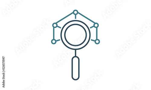 Magnifying glass with neural network icon for AI and data exploration