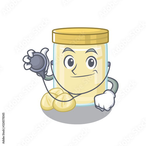 A mascot picture of macadamia nut butter cartoon as a Doctor with tools