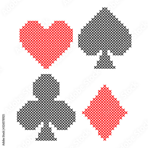 Card suits, diamonds, spades, hearts, clubs. Geometric background. Imitation cross stitch. Seamless decorative design.