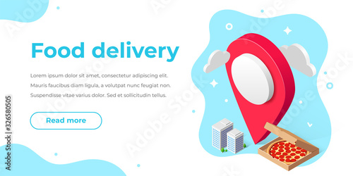 Online fast food delivery service isometric banner concept. 3d pizza in box, map pointer, city buildings, text and button on white. Vector illustration for web page, advert, mobile app, mail
