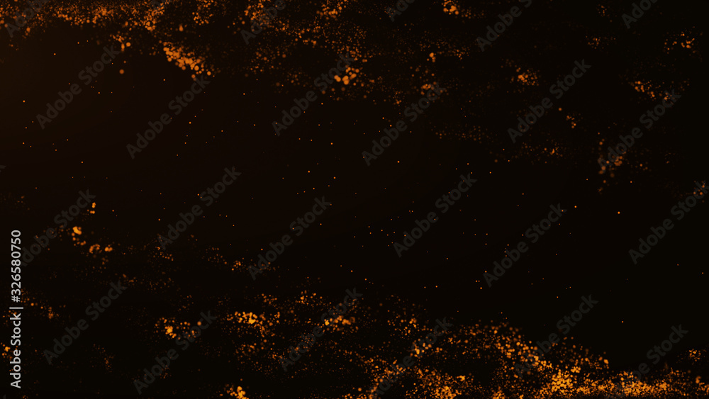Beautiful gold particles abstract background with flare shining floor particle stars dust. Futuristic golden glittering in space on black background.