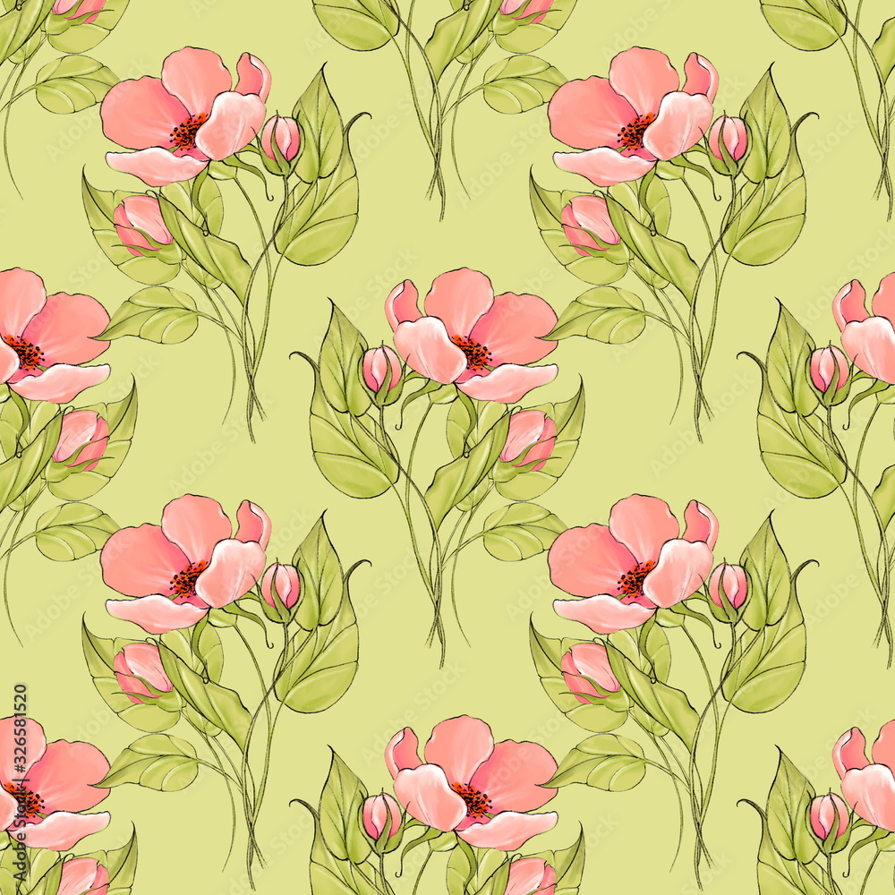 Seamless botanical pattern of pink flowers on green