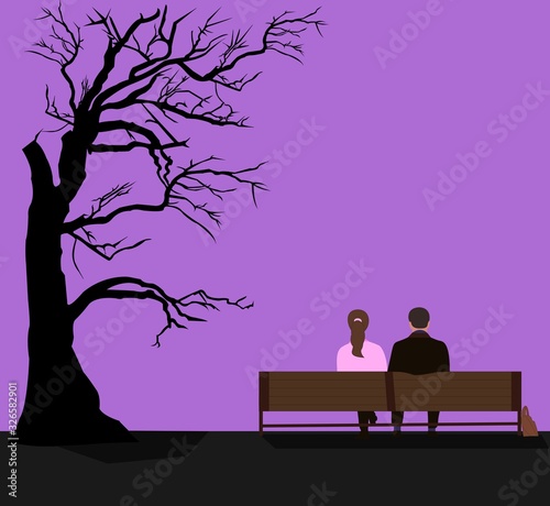 Couple of strangers outdoors in the Park sitting on a bench back view . Flat romance illustration of young people spending free time in the Park.