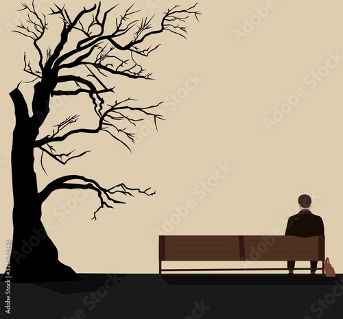 Back view of a man sitting on a bench in the park. Flat romance illustration of young man spending free time in the Park.