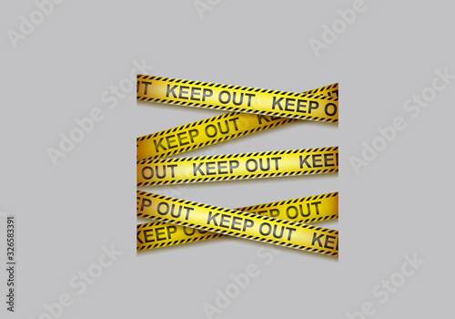 Caution tape with black and yellow lines and text keep out. Vector background with crossing warning ribbons, security barrier for restrict pass to construction area, forbidden zone