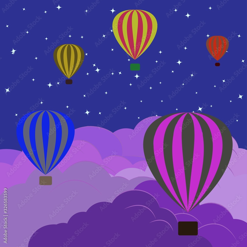 Multi-colored balloons over fluffy clouds on a background og the night sky
