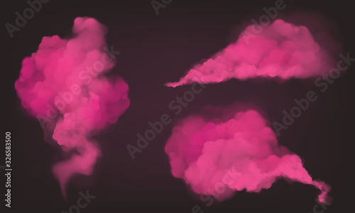 Pink smoke, magic dust or powder isolated on dark background. Vector realistic mockup of flow mist, transparent smoky stream. Aroma pink clouds texture, steaming chemincal vapour