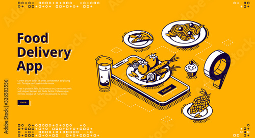 Food delivery app isometric landing page. Mobile online service for order meals, smartphone with plate on screen and gps pinpoint on application map, 3d vector illustration, line art, web banner