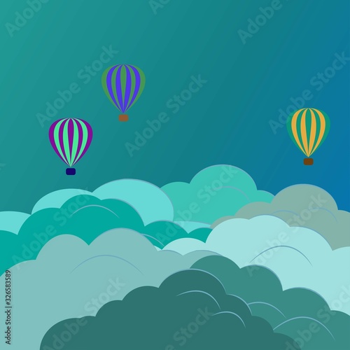 Fototapeta Naklejka Na Ścianę i Meble -  Three multi-colored balloon over dark clouds