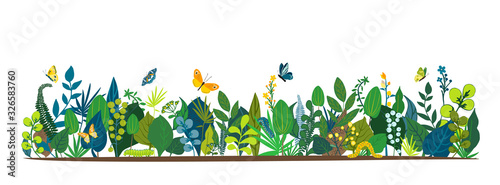 Beautiful floral background, panorama. Leaves, colorful flowers, caterpillars, butterflies. Bright spring and summer set for cover social network, banner, invitation, wedding. Vector illustration.