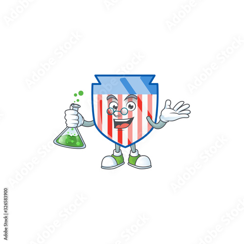 A genius Professor USA stripes shield cartoon character with glass tube